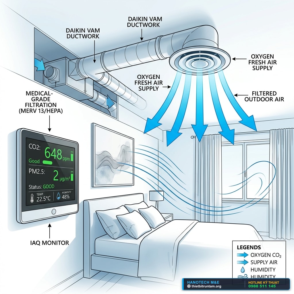 Màn hình cảm biến đo chất lượng không khí IAQ hiển thị nồng độ CO2 an toàn dưới 650ppm trong phòng ngủ