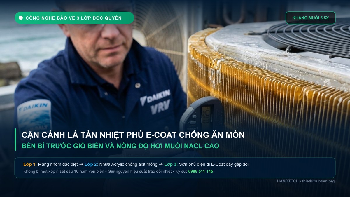 Cận cảnh lá tản nhiệt phủ lớp E-Coat chống ăn mòn muối biển Daikin VRV X Max