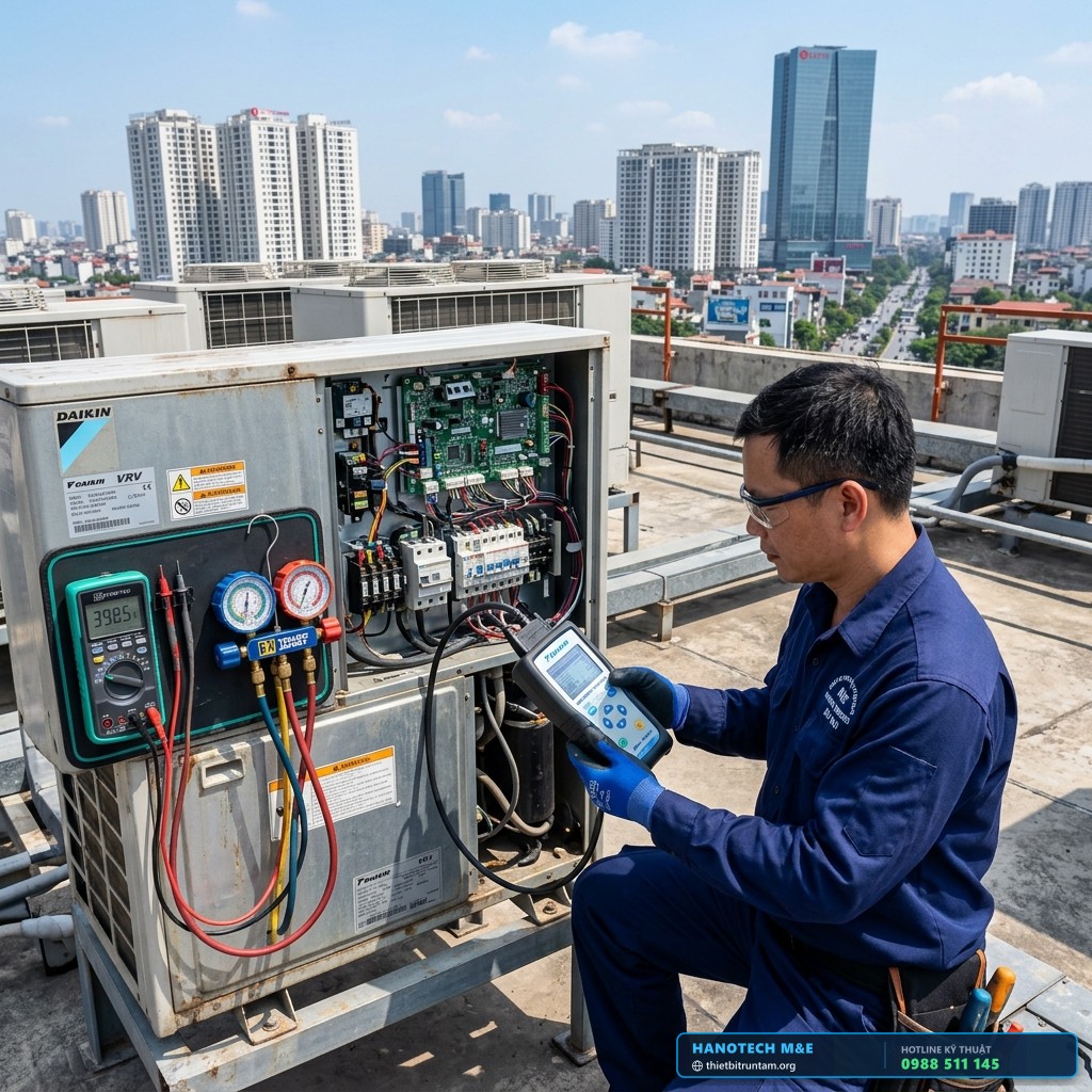 Kỹ sư kết nối thiết bị Daikin Service Checker và đồng hồ đo True RMS chẩn đoán sửa chữa mã lỗi điều hòa trung tâm Daikin VRV