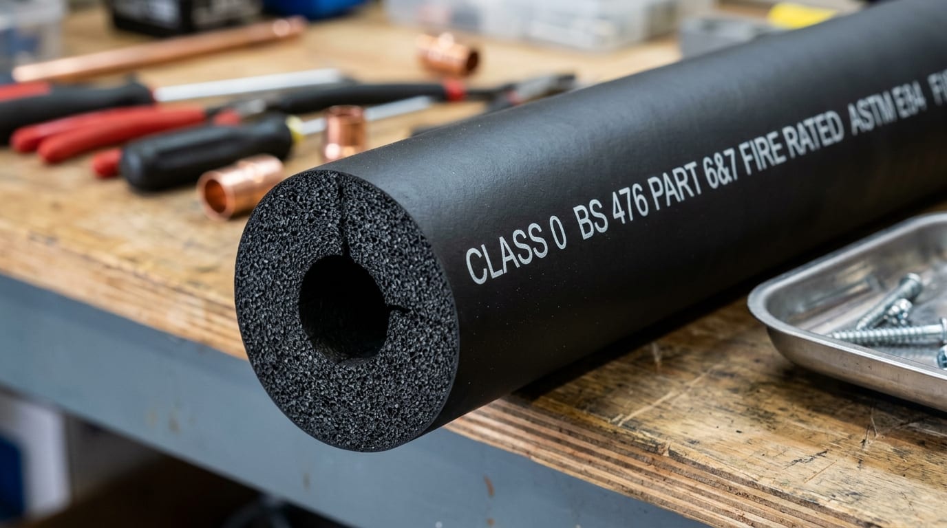 Ảnh chụp cận cảnh ống bảo ôn đúc cao su lưu hóa Nitrile Rubber dày 25mm in rõ chứng chỉ chống cháy Class 0 BS 476 Part 6 và 7
