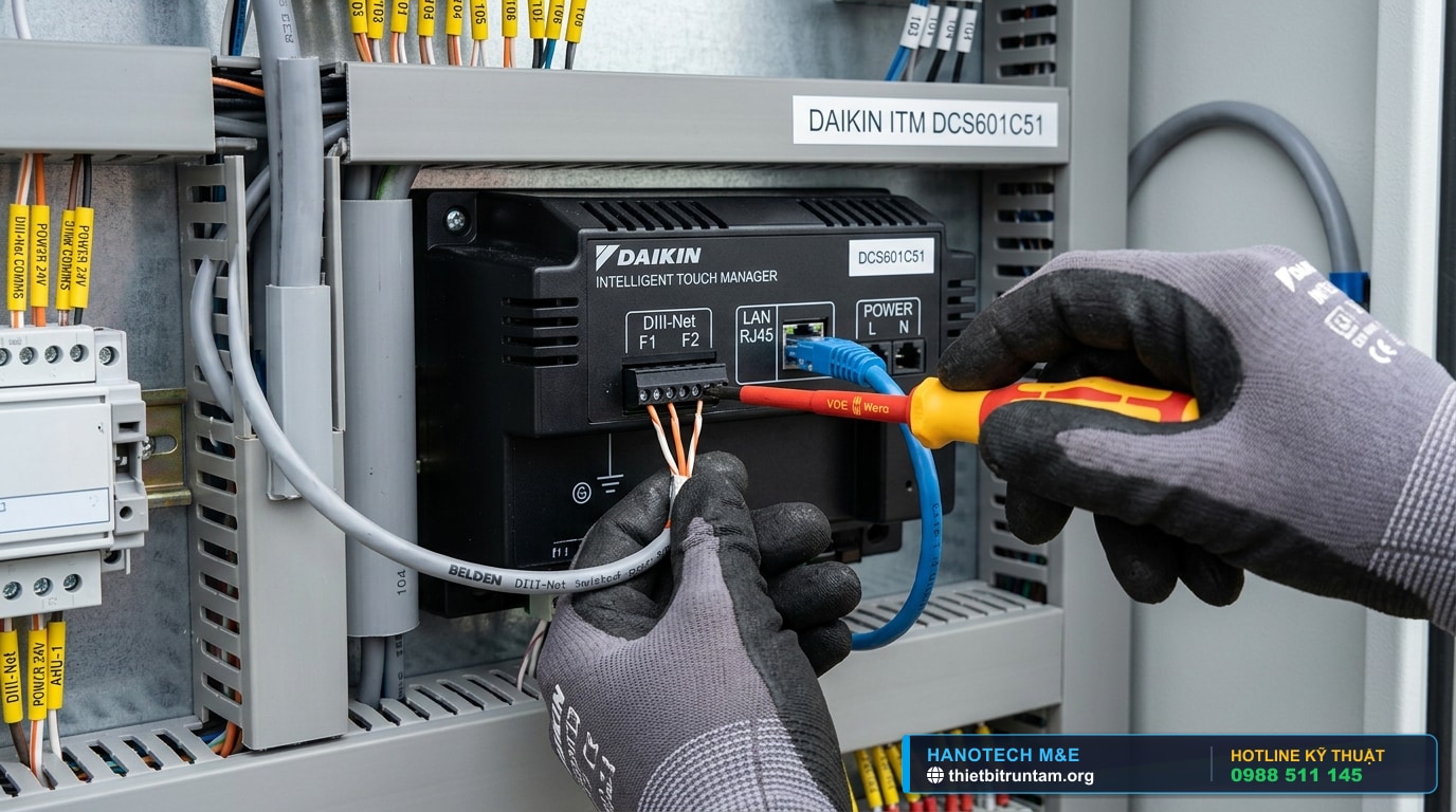 Đấu nối dây tín hiệu DIII-Net F1-F2 trên bộ điều khiển trung tâm Daikin iTM