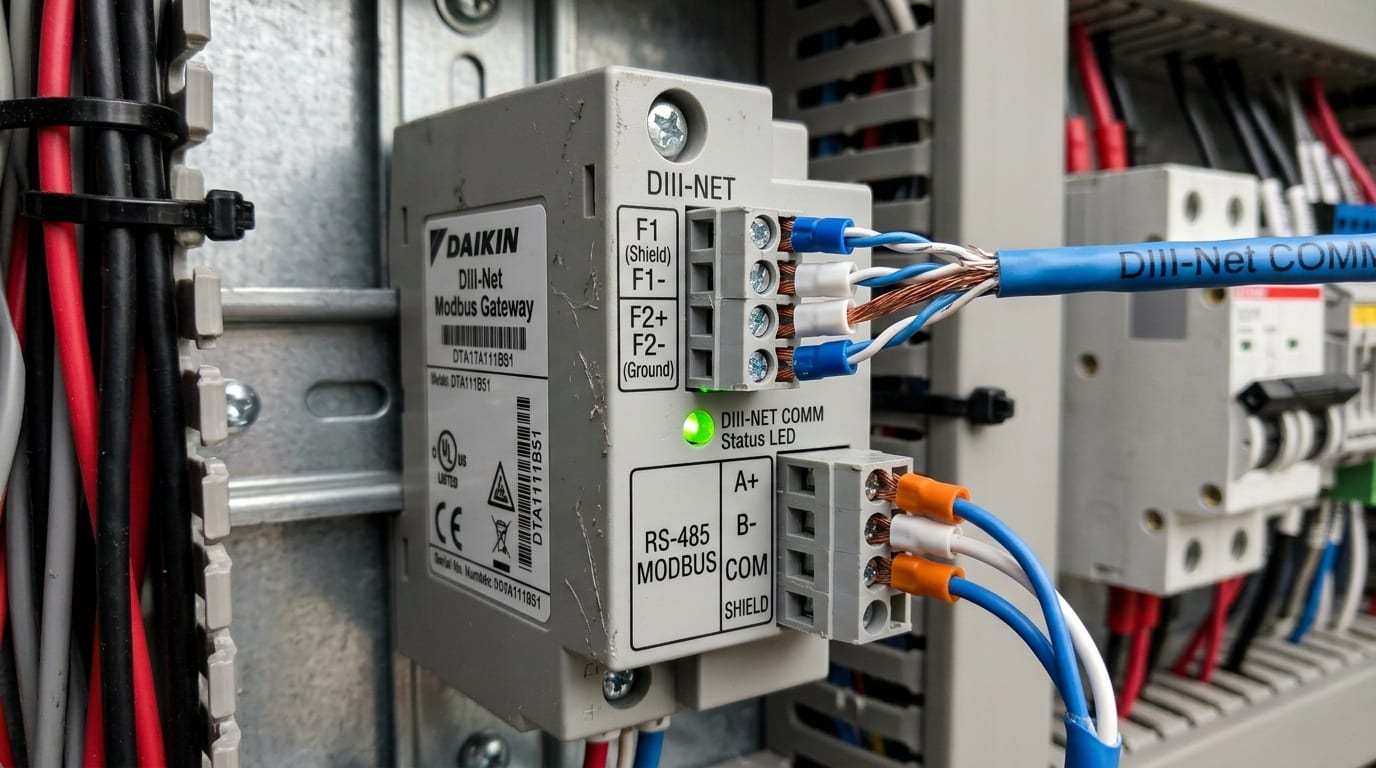 Chi tiết đấu nối cầu đấu F1 F2 của cổng DIII-Net và đường truyền RS-485 Modbus A B trên bộ Gateway công nghiệp gắn ray DIN