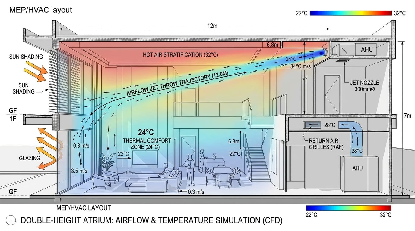 Bản vẽ mô phỏng khí động học CFD quỹ đạo luồng gió miệng phản lực Jet Nozzle và hiện tượng phân tầng nhiệt phòng khách thông tầng 7m