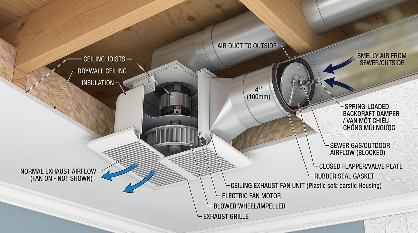 Bản vẽ cấu tạo 3D van một chiều chuyên dụng Backdraft Damper lò xo đối trọng chống mùi hôi ngược từ trục kỹ thuật vào WC