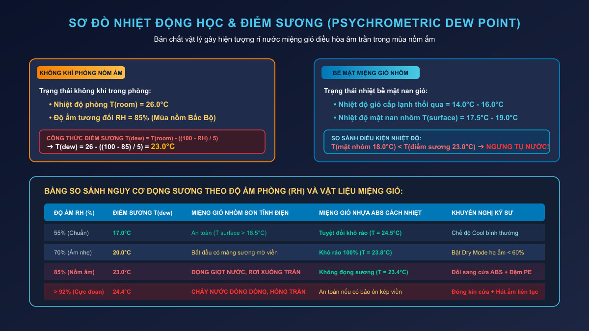 Sơ đồ phân tích nhiệt động học và cơ chế điểm sương Psychrometric gây đọng sương rỉ nước trên miệng gió nhôm điều hòa