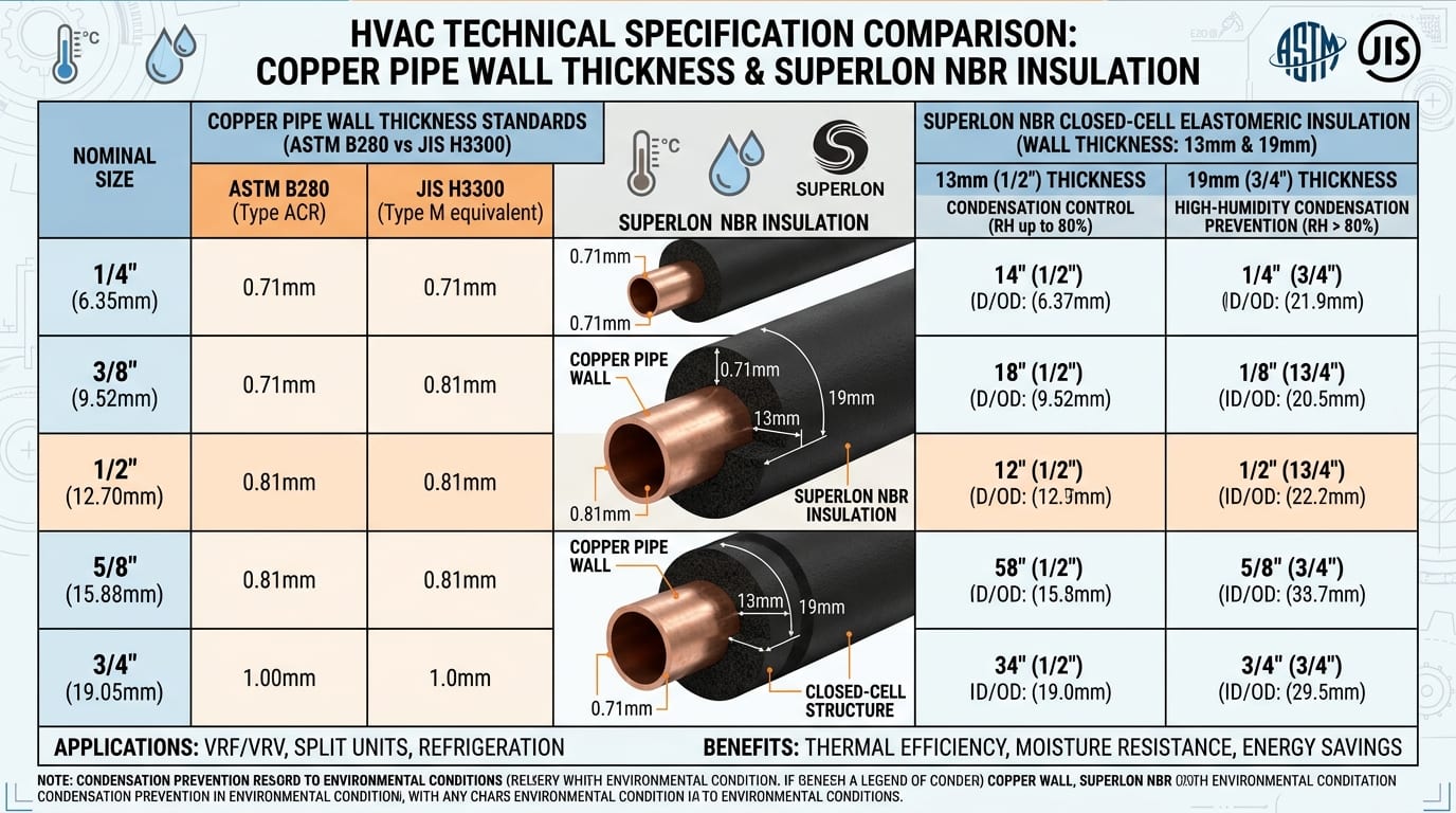 Bảng tra thông số kỹ thuật độ dày thành ống đồng tiêu chuẩn ASTM B280 và bảo ôn cao su lưu hóa Superlon NBR chống đọng sương