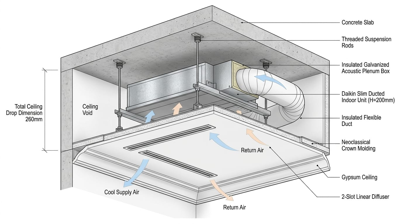 Bản vẽ CAD 3D mặt cắt chi tiết kích thước hạ trần thạch cao 260mm điều hòa biệt thự Việt Trì