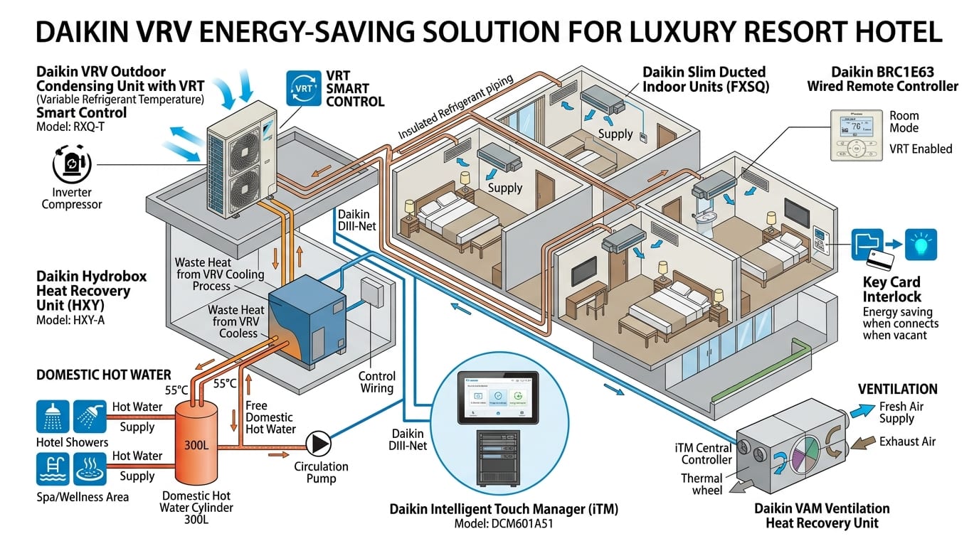 Sơ đồ nguyên lý hệ thống Daikin VRV tiết kiệm điện kết hợp thu hồi nhiệt nước nóng Hydrobox