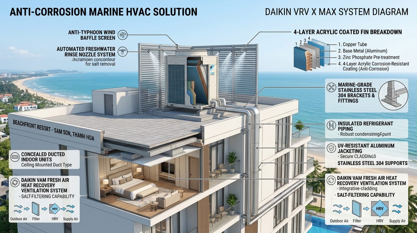 Sơ đồ nguyên lý giải pháp điều hòa Daikin VRV X MAX chống ăn mòn muối biển cho resort ven biển Sầm Sơn