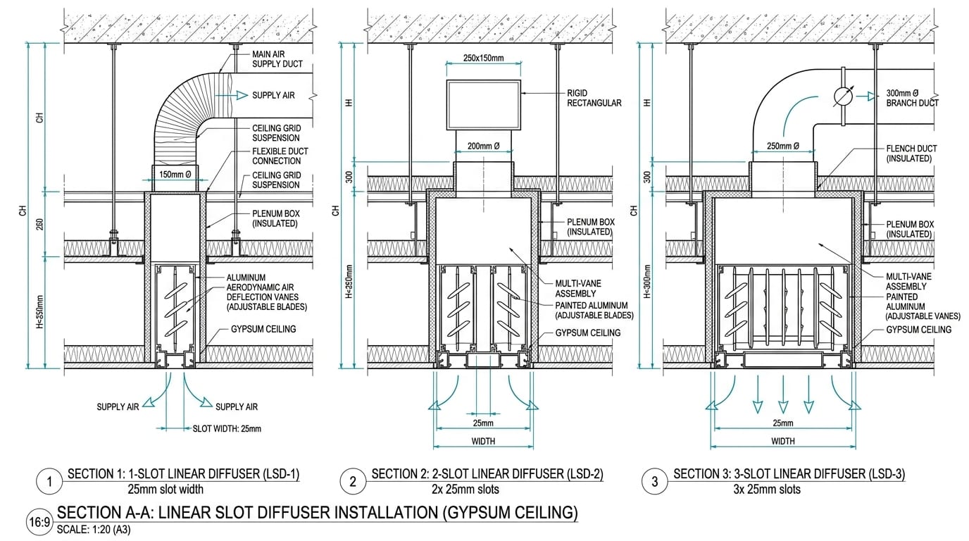 Bản vẽ kỹ thuật mặt cắt chi tiết kích thước miệng gió khe Slot Linear 1 khe 2 khe 3 khe và khoảng cách hạ trần thạch cao