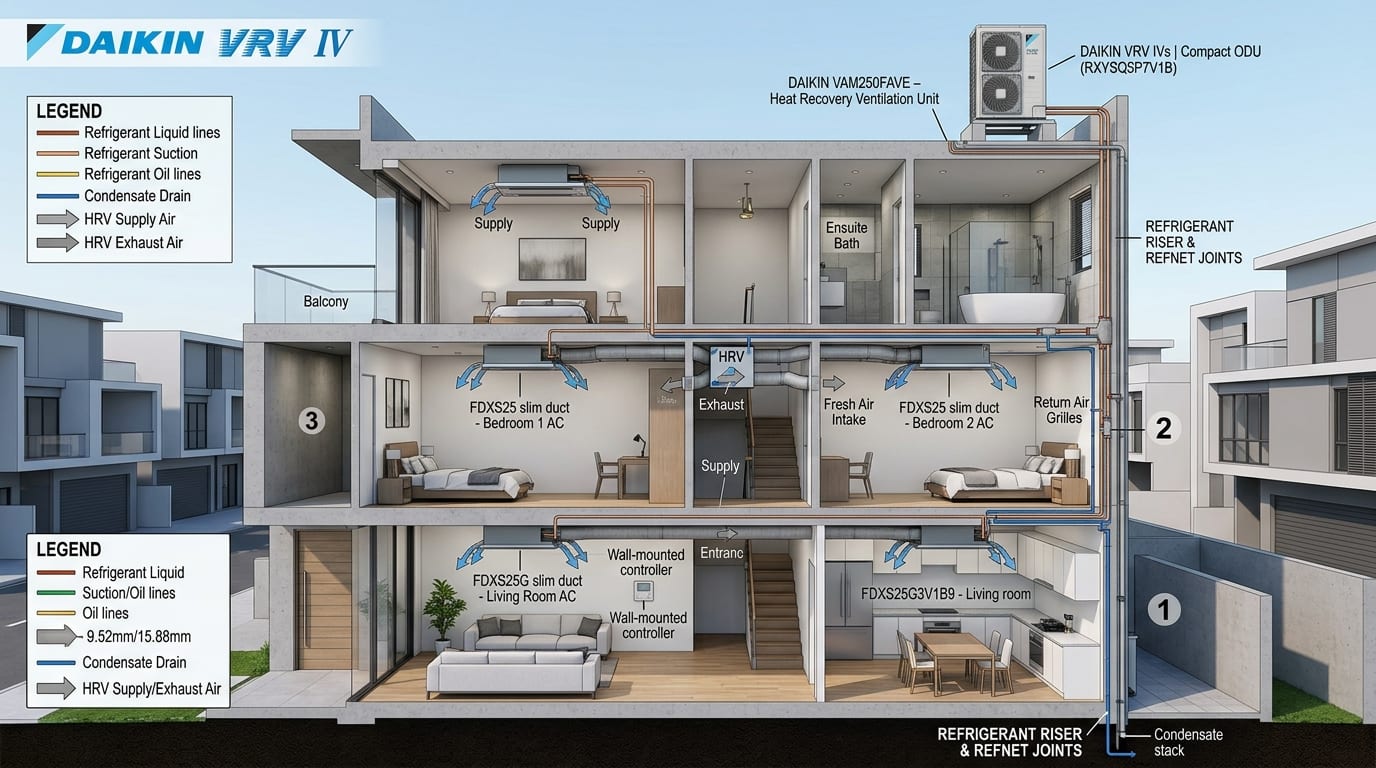 Sơ đồ 3D mặt cắt kiến trúc hệ thống điều hòa Daikin VRV cho nhà phố 3 tầng