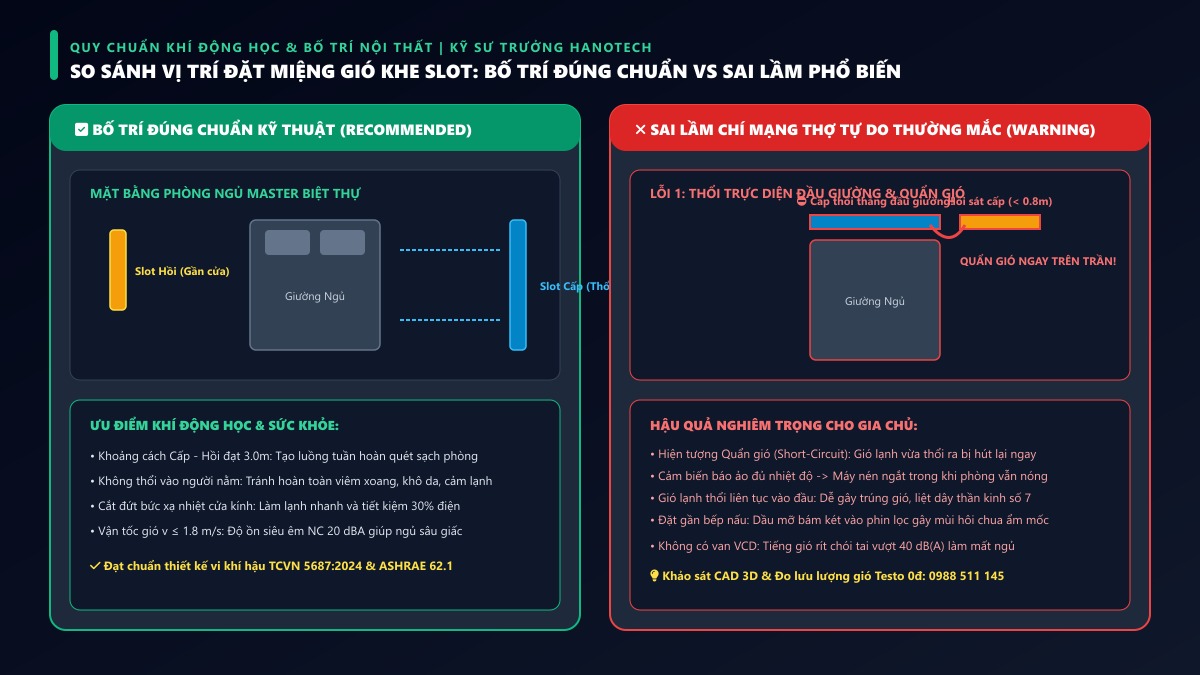 Sơ đồ so sánh mặt bằng bố trí vị trí đặt miệng gió khe dài Slot đúng và sai cho phòng ngủ Master và phòng khách biệt thự