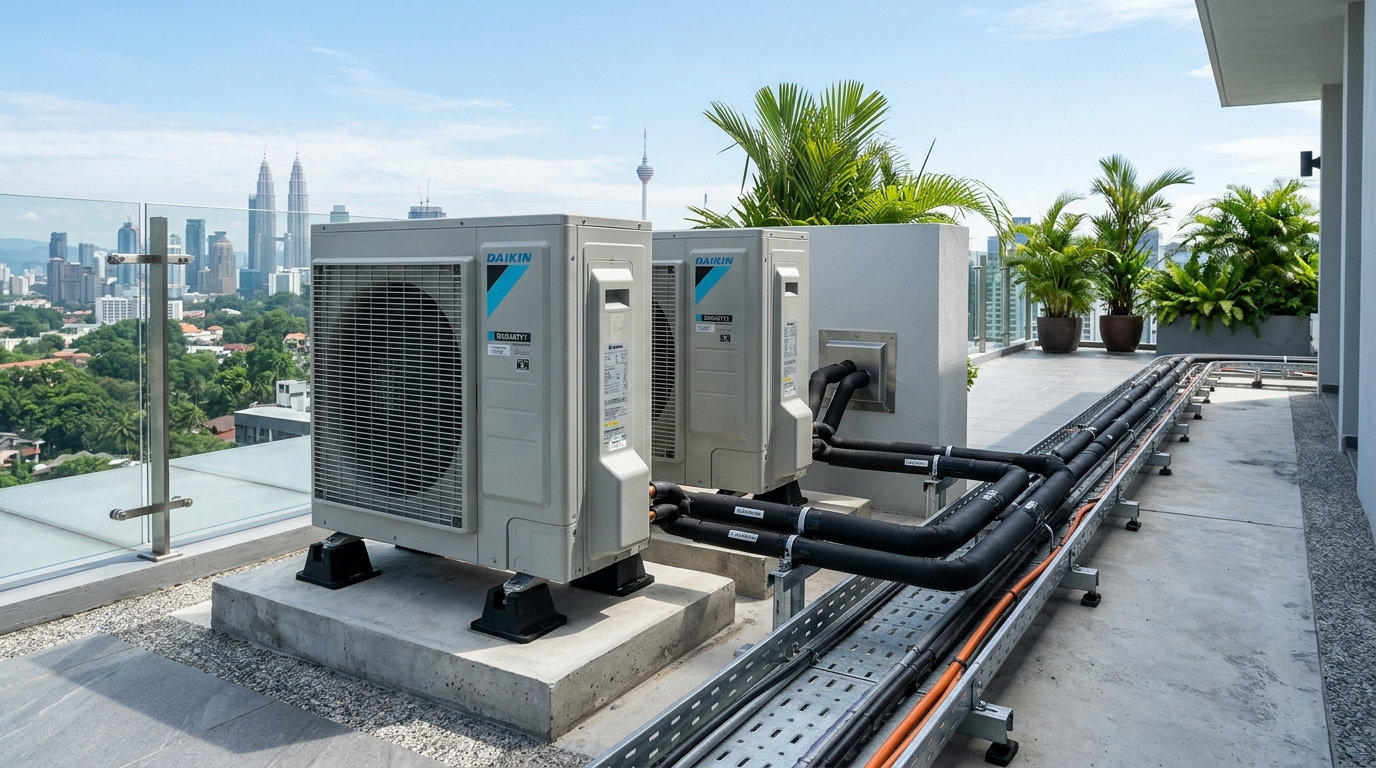 Dàn nóng điều hòa Daikin Inverter lắp đặt chuẩn kỹ thuật trên sân thượng biệt thự miền Nam