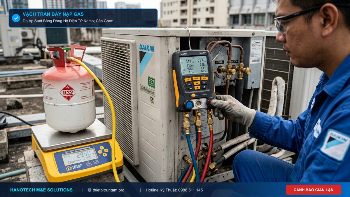 Đo kiểm tra áp suất cao áp đường nén chế độ sưởi bằng đồng hồ kỹ thuật số Testo và cân nạp gas định lượng Daikin