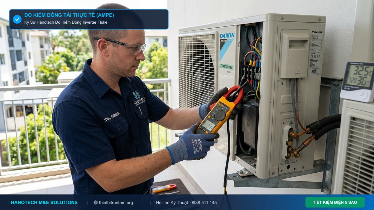Kỹ sư Cơ điện Hanotech đo kiểm dòng Ampe thực tế của điều hòa Daikin Inverter bằng đồng hồ kẹp dòng Fluke