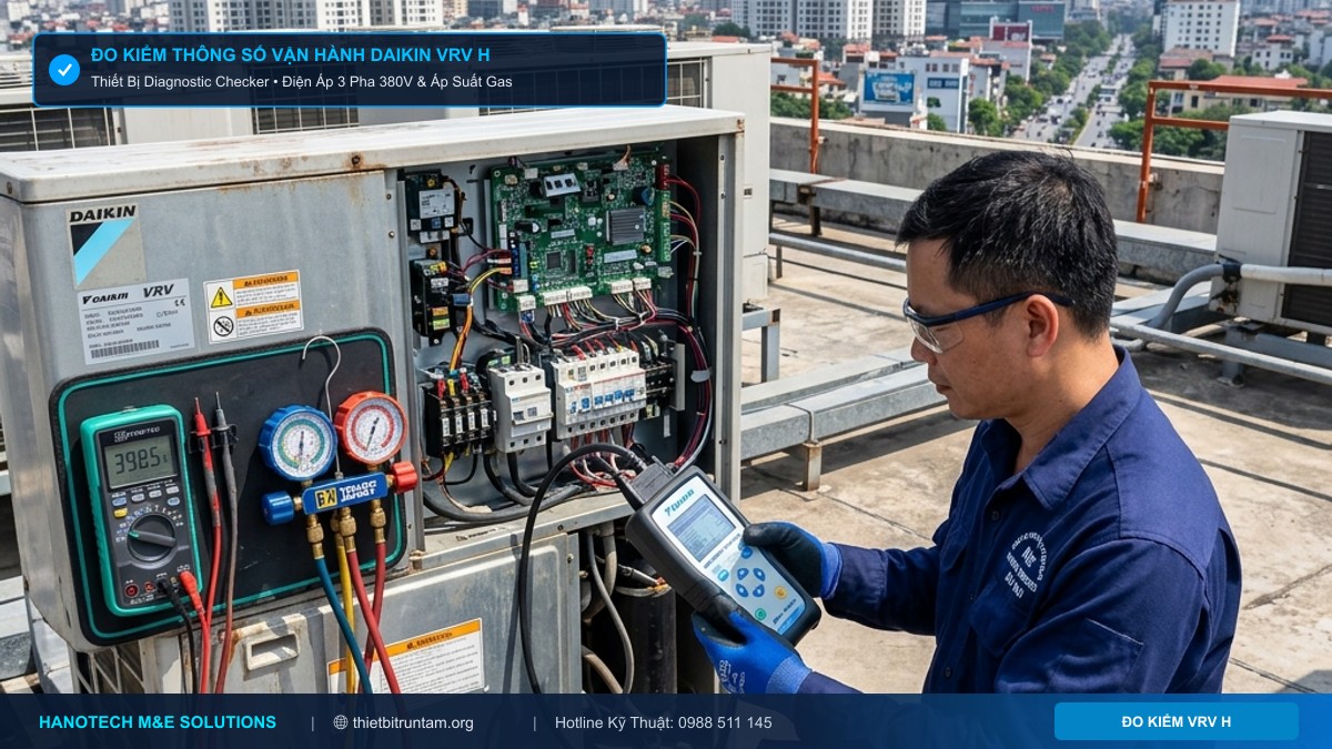 Đo kiểm thông số vận hành tủ điện bo mạch Inverter dàn nóng Daikin VRV H bằng thiết bị Diagnostic Checker