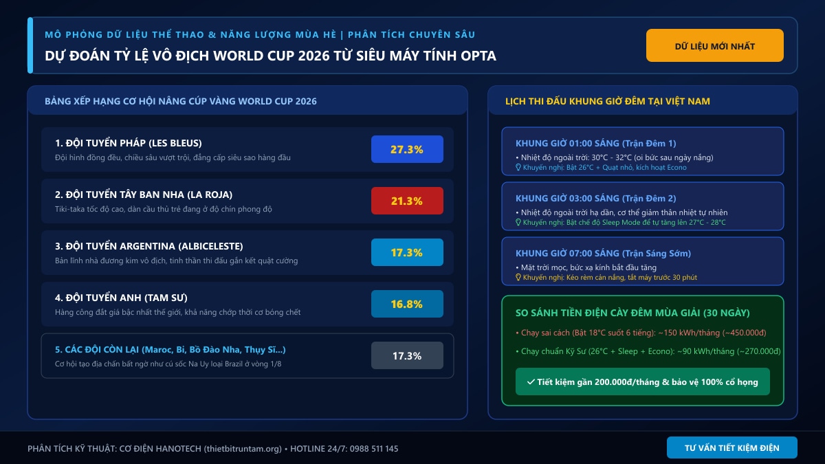 Bảng dự đoán tỷ lệ vô địch World Cup 2026 từ siêu máy tính Opta và lịch cày đêm mùa hè