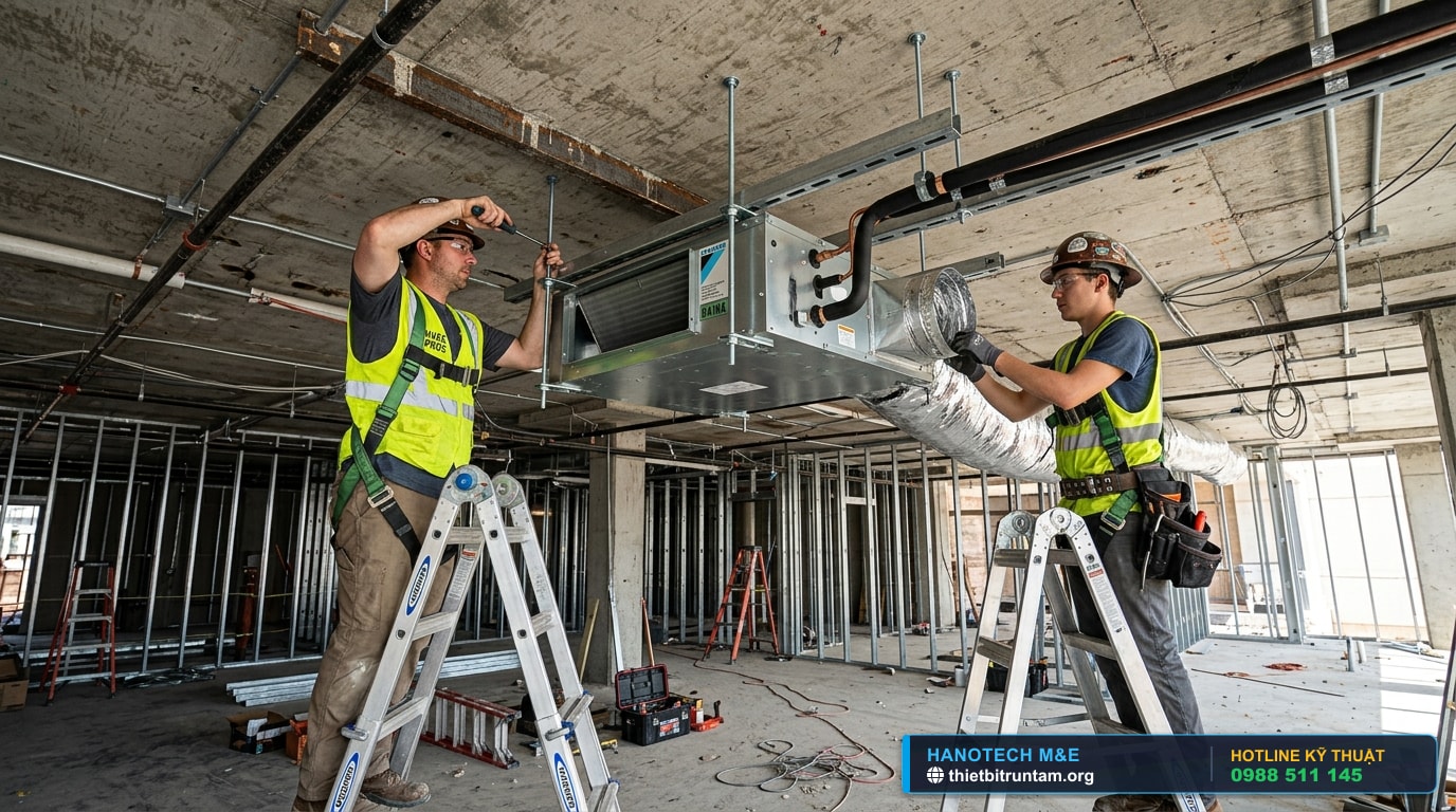 Hình ảnh thực tế thi công lắp đặt dàn lạnh âm trần nối ống gió Daikin mỏng 200mm trên trần thạch cao