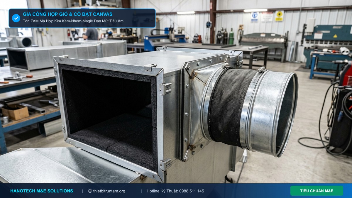 Gia công hộp gió Plenum bọc cao su lưu hóa tiêu âm và cổ bạt mềm Canvas tại xưởng cơ điện Hanotech