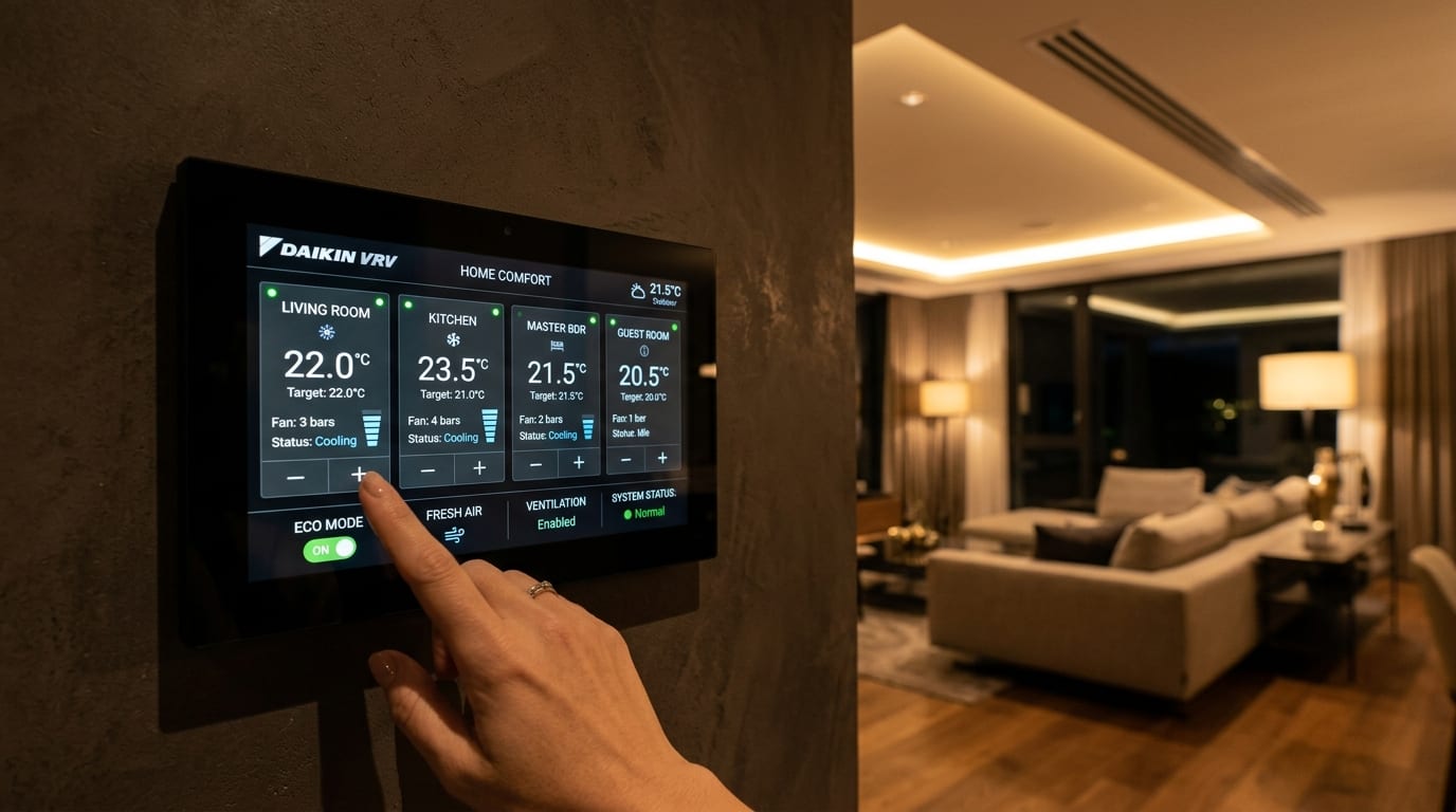 Giao diện điều khiển điều hòa trung tâm Daikin VRV hiển thị trực quan trên màn hình cảm ứng gắn tường sang trọng của biệt thự