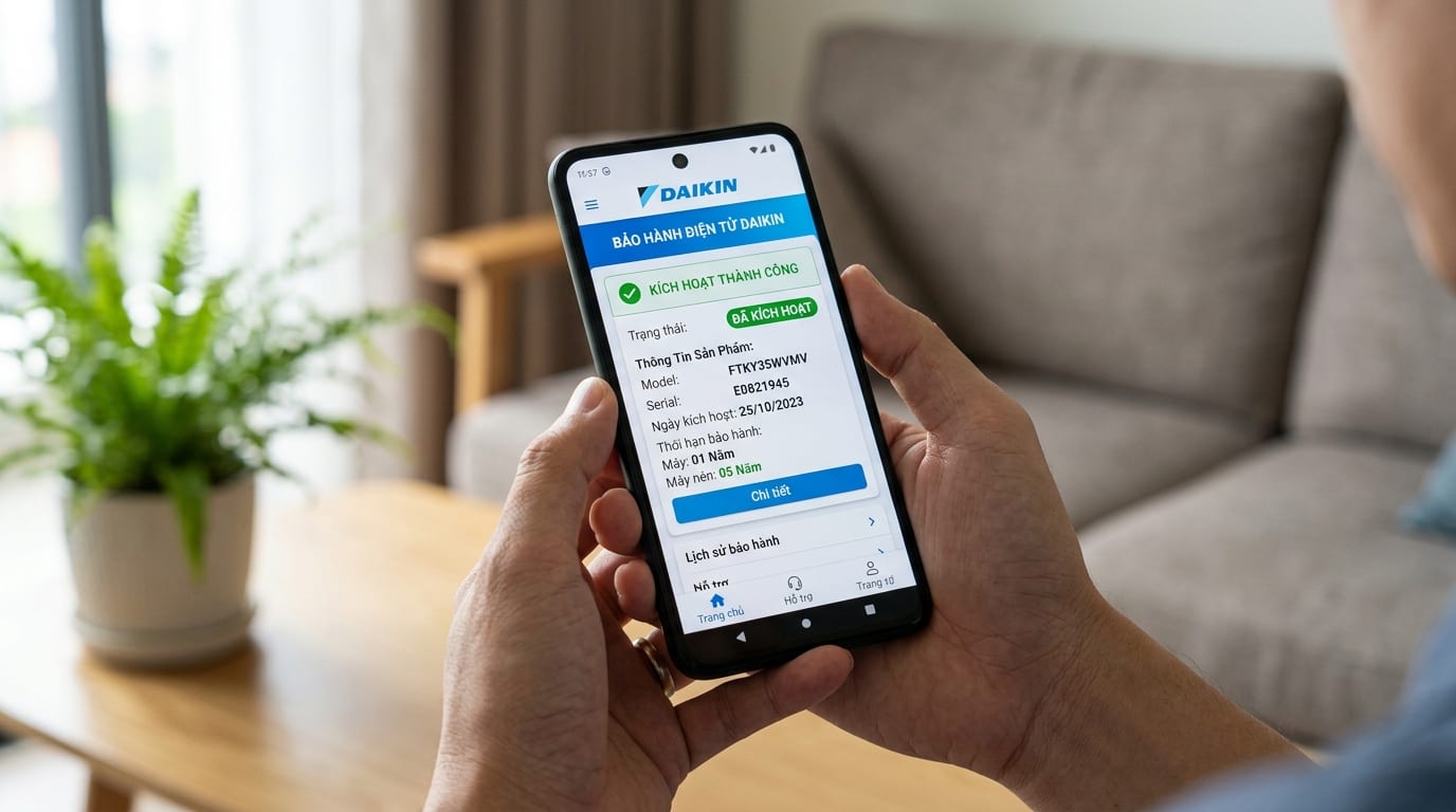 Giao diện ứng dụng di động Daikin Vietnam hiển thị thông báo Kích Hoạt Thành Công với thời hạn bảo hành máy nén 5 năm