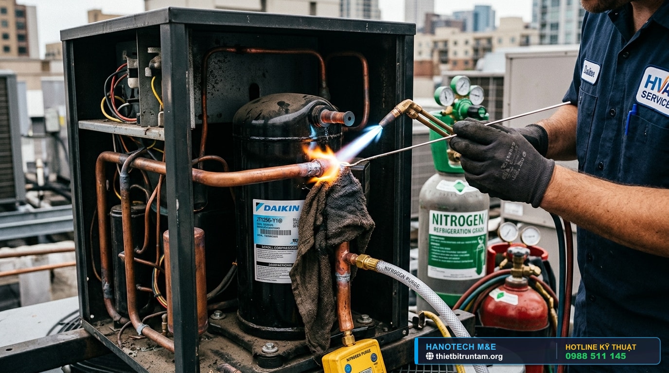 Kỹ thuật hàn nối ống đồng máy nén Scroll Daikin bằng mỏ hàn hơi có thổi khí Nitơ bảo vệ