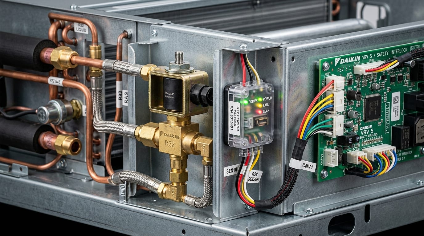 Cận cảnh cụm van điện từ ngắt gas khẩn cấp và cảm biến rò rỉ quang học R32 Safety Measures trên dàn lạnh Daikin VRV 5