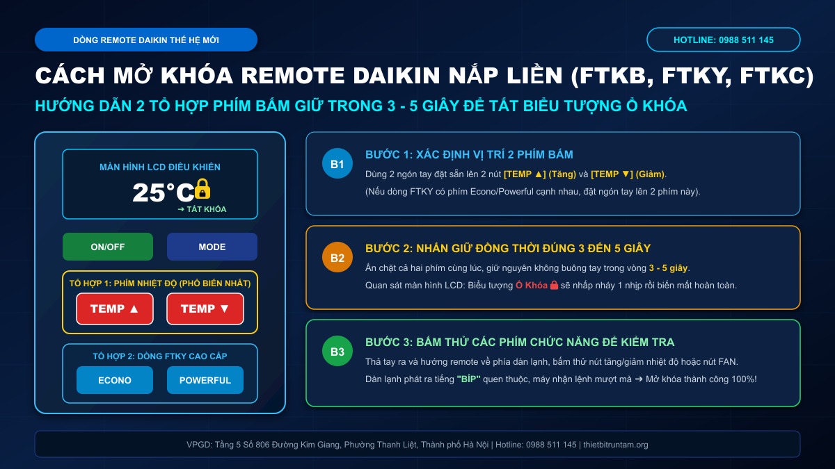 Hướng dẫn 2 tổ hợp phím mở khóa remote Daikin nắp liền thế hệ mới