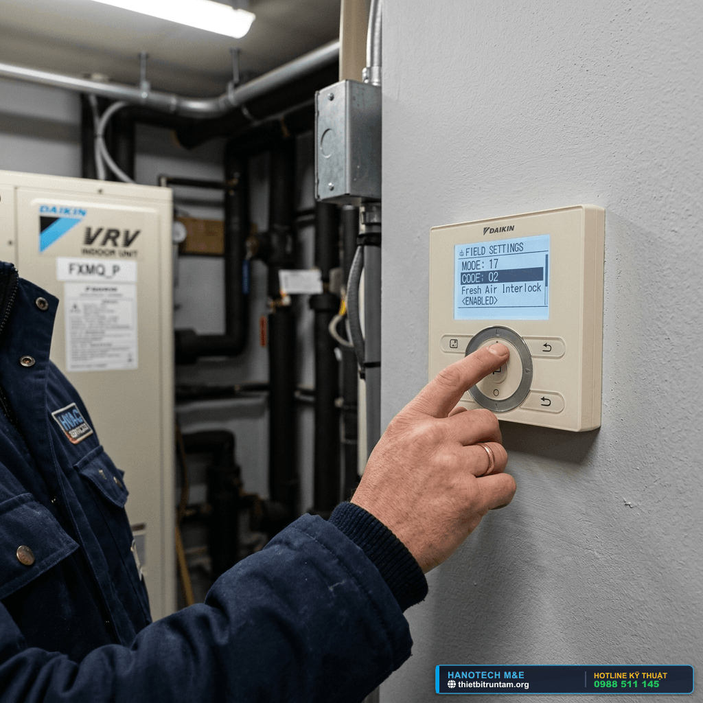 Kỹ sư thao tác truy cập giao diện Field Setting Mode 17 mã 02 trên màn hình cảm ứng điều khiển Daikin Madoka
