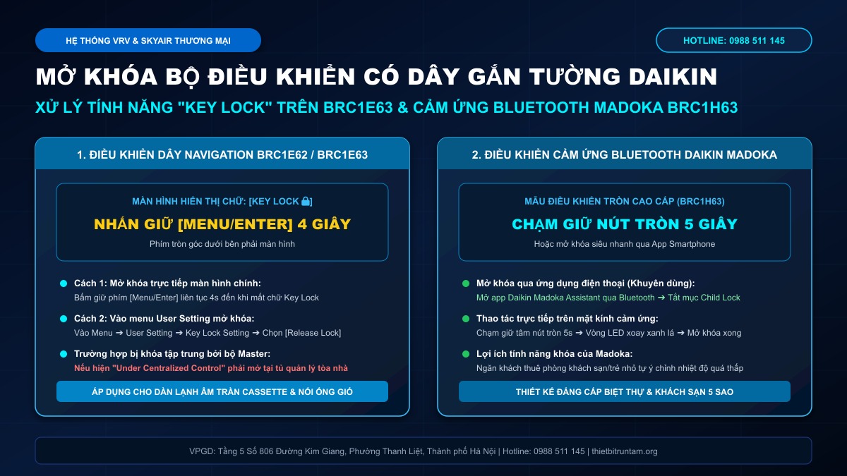 Hướng dẫn mở khóa tính năng Key Lock trên điều khiển dây BRC1E63 và Madoka BRC1H63