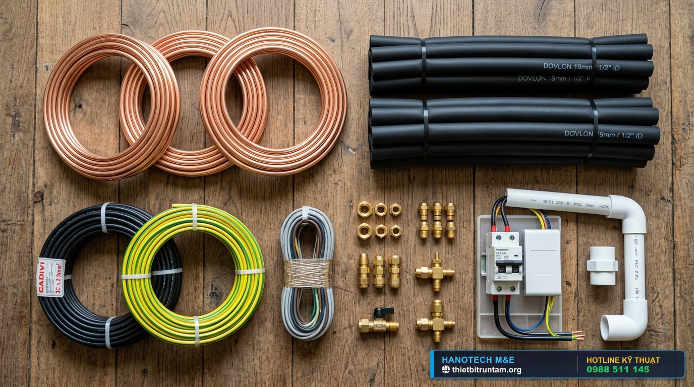 Hình ảnh flatlay sắp xếp đầy đủ bộ vật tư lắp đặt điều hòa Daikin tiêu chuẩn kỹ sư Hanotech