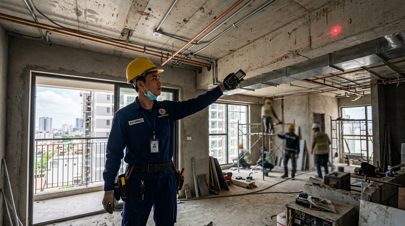 Kỹ sư Cơ Điện Hanotech khảo sát đo đạc thực tế tuyến ống đồng và cao độ dầm bê tông bằng máy đo laser tại công trình