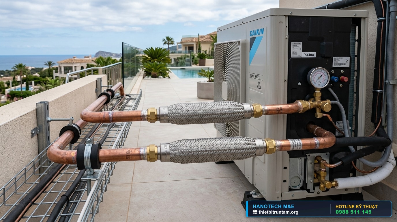 Khớp nối mềm kim loại inox bọc lưới chống rung ống đồng điều hòa Daikin VRV trên sân thượng biệt thự
