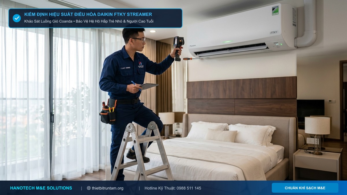 Kỹ sư Hanotech kiểm định hiệu suất điều hòa Daikin FTKY Streamer phòng ngủ