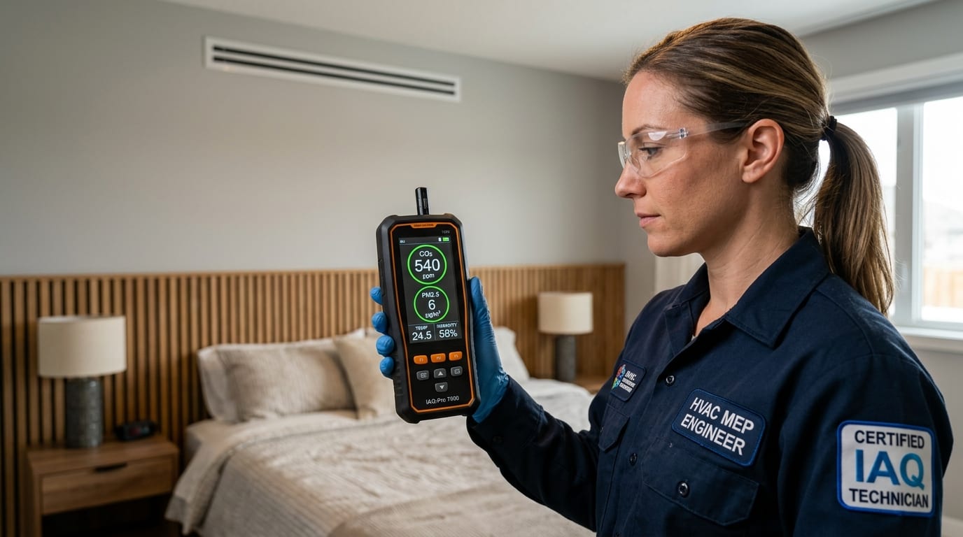 Đo kiểm nồng độ CO2 và bụi mịn PM2.5 thực tế bằng máy đo chuyên dụng trong phòng ngủ