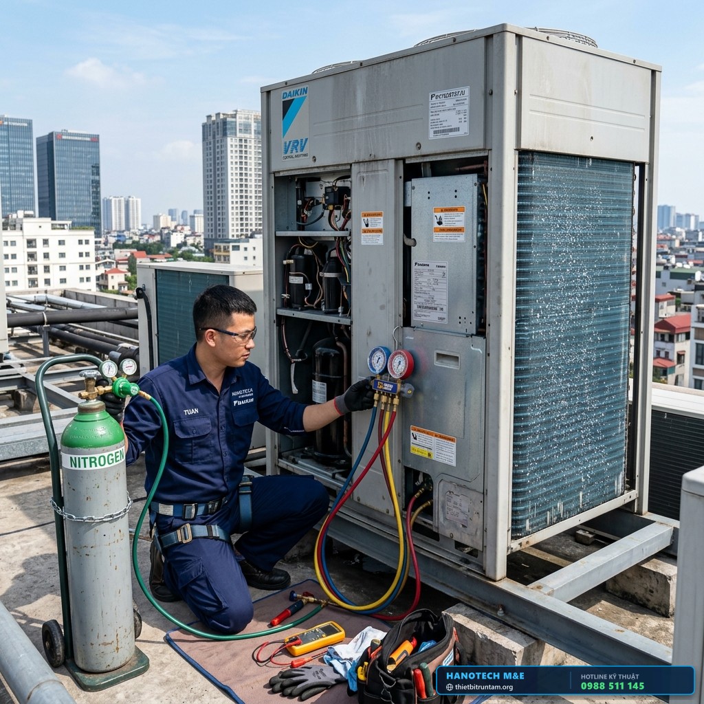 Kỹ sư Hanotech thực hiện quy trình kiểm tra áp lực khí Nitơ và bảo dưỡng sục rửa dàn nóng điều hòa trung tâm Daikin VRV tại Hà Nội