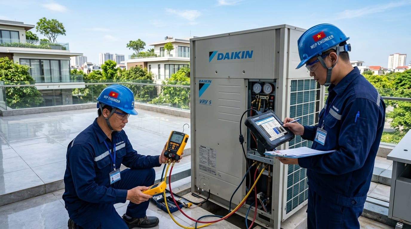 Kỹ sư cơ điện Hanotech sử dụng máy chẩn đoán Checker và đồng hồ điện tử kiểm tra chạy thử nghiệm thu hệ thống Daikin VRV 5