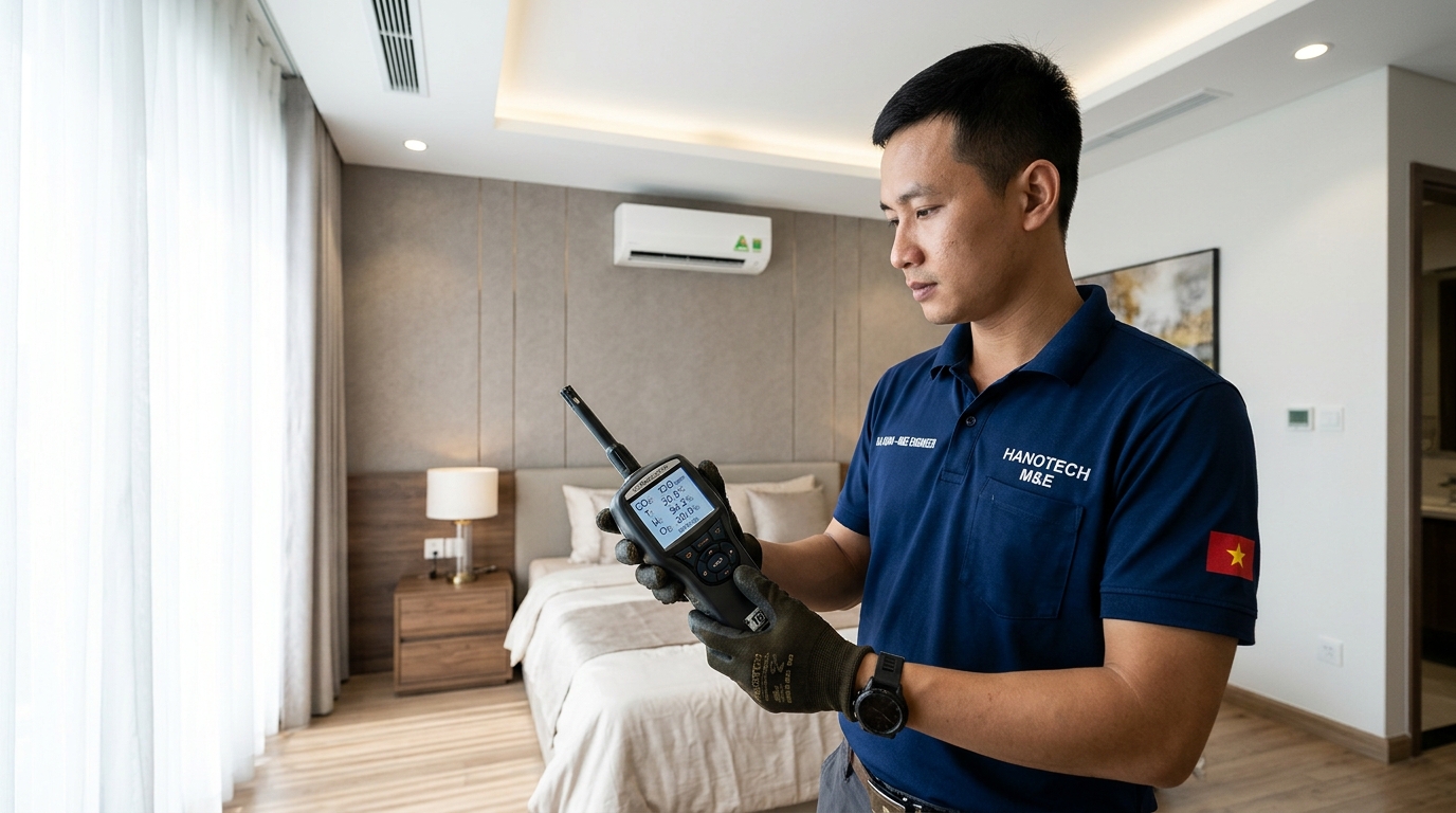 Kỹ sư Cơ điện Hanotech dùng máy đo Testo kiểm tra nồng độ khí CO2 và oxy trong phòng ngủ điều hòa