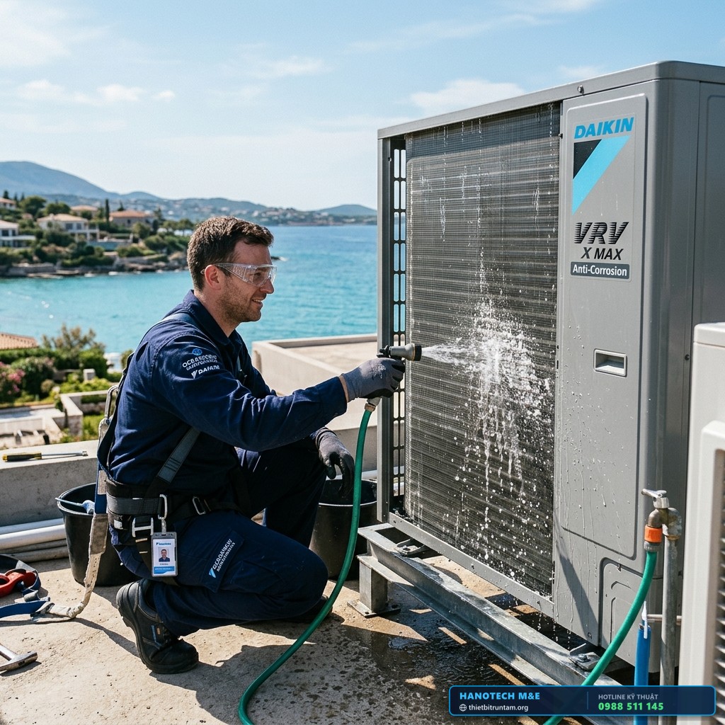 Kỹ sư Cơ điện Hanotech dùng vòi nước ngọt áp lực nhẹ vệ sinh rửa trôi muối biển bám trên dàn nóng Daikin VRV X Max