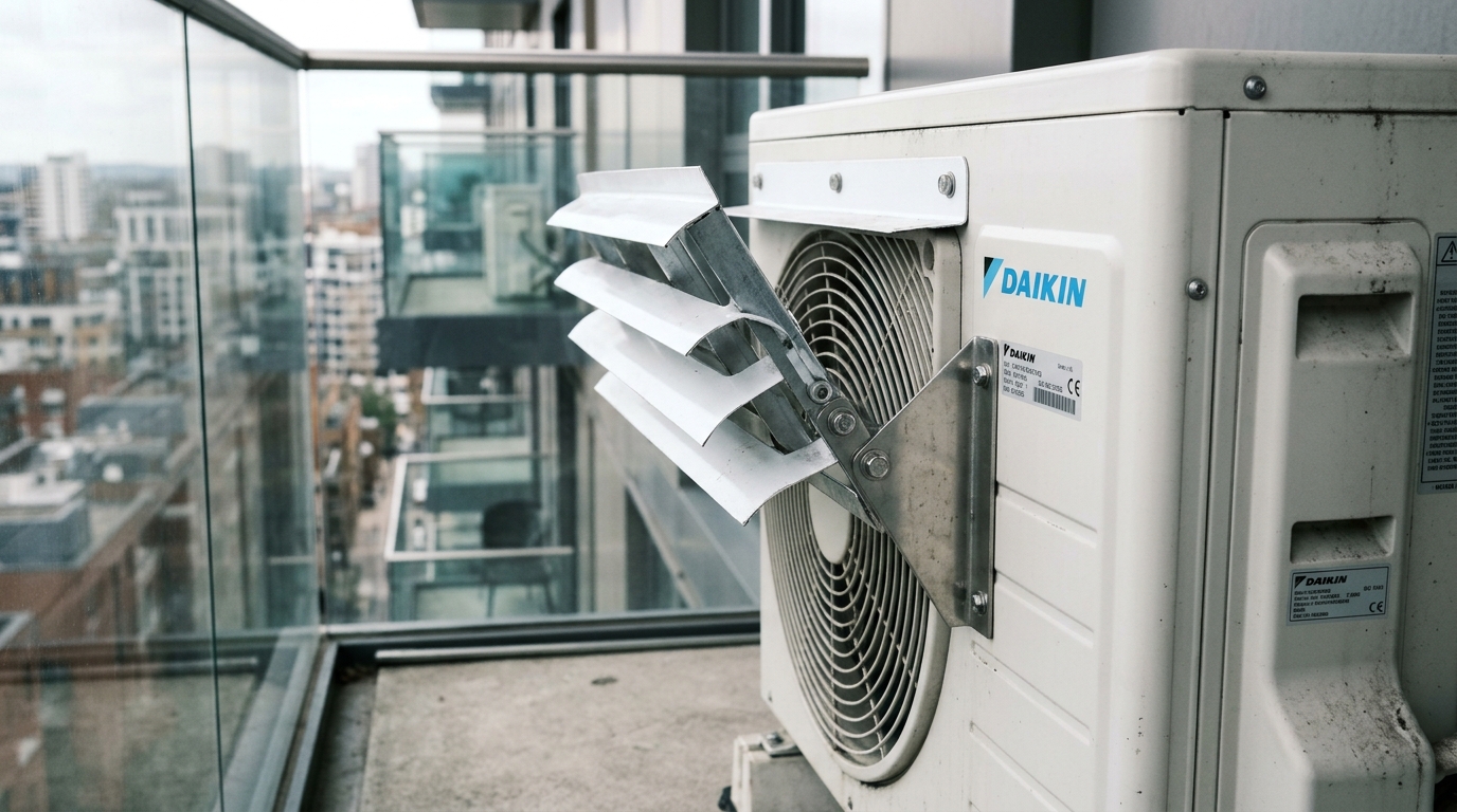 Cận cảnh mặt nạ chuyển hướng gió nan chớp 45 độ lắp trên dàn nóng điều hòa Daikin ban công chung cư