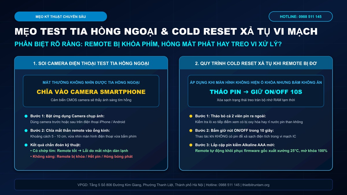 Mẹo kiểm tra tia hồng ngoại bằng camera điện thoại và quy trình Cold Reset xả tụ remote Daikin