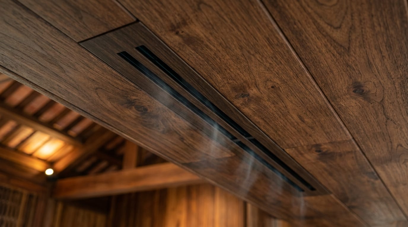 Cận cảnh miệng gió khe nan Linear Slot sơn tĩnh điện giả vân gỗ ăn khớp 100% với màu sơn trần gỗ cổ truyền