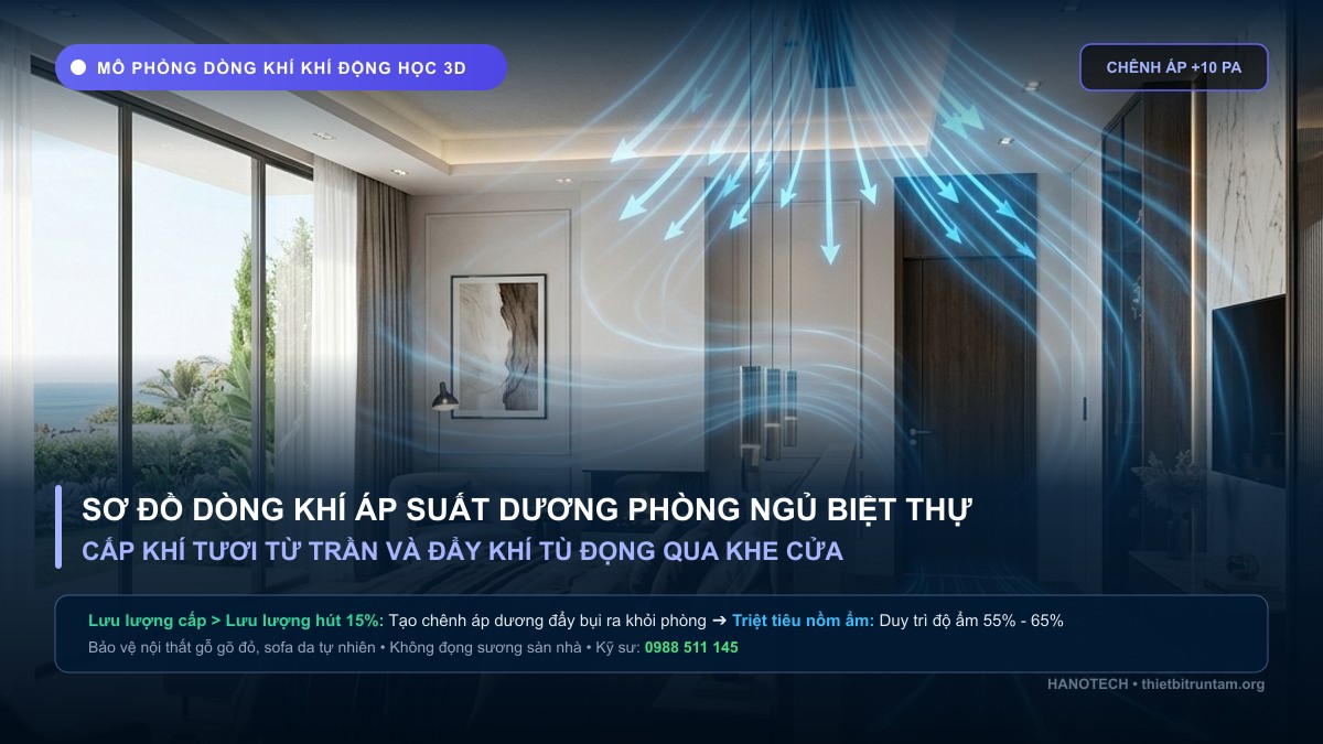 Sơ đồ mô phỏng 3D dòng khí tươi áp suất dương trong phòng ngủ biệt thự cao cấp