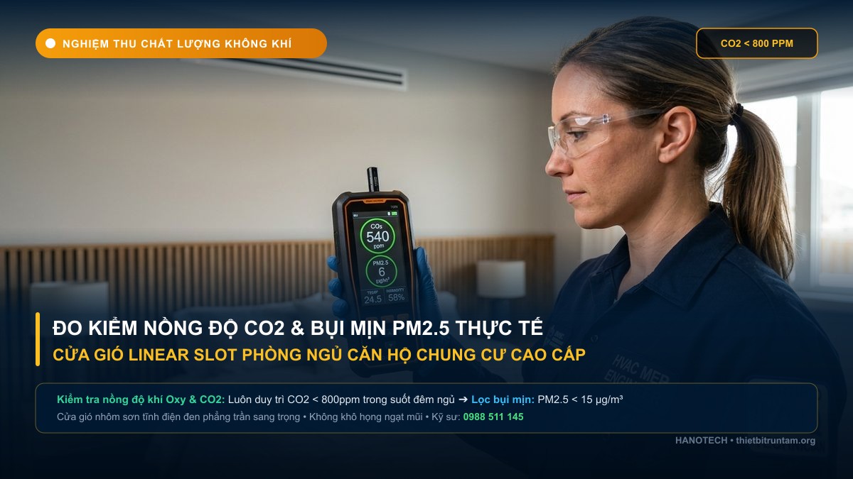 Nghiệm thu đo kiểm nồng độ CO2 và bụi mịn PM2.5 cửa gió slot phòng ngủ căn hộ chung cư