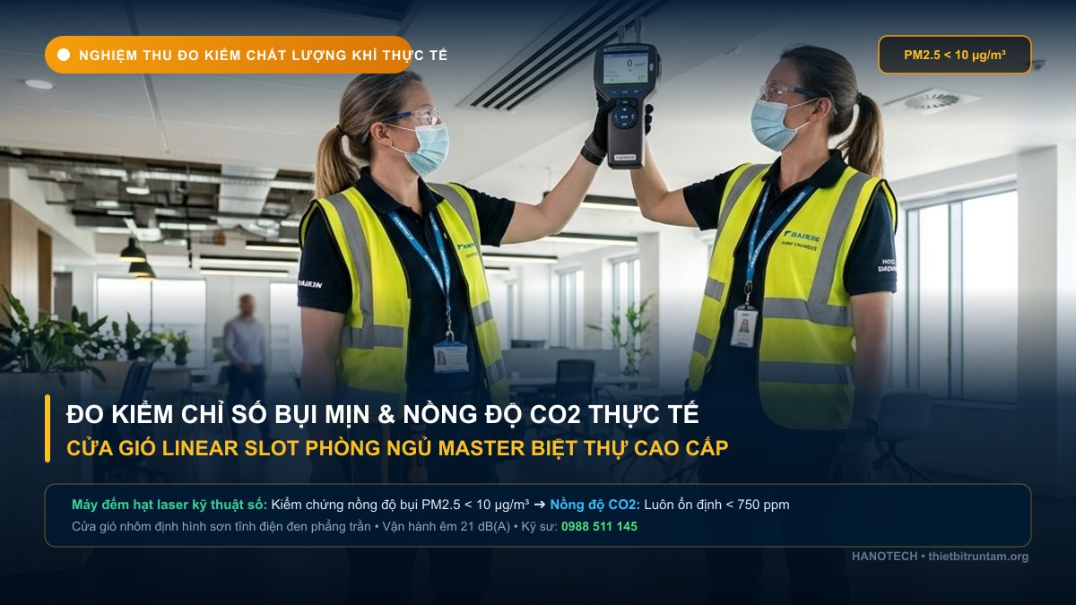 Nghiệm thu đo kiểm nồng độ bụi mịn PM2.5 và khí CO2 cửa gió slot phòng ngủ biệt thự
