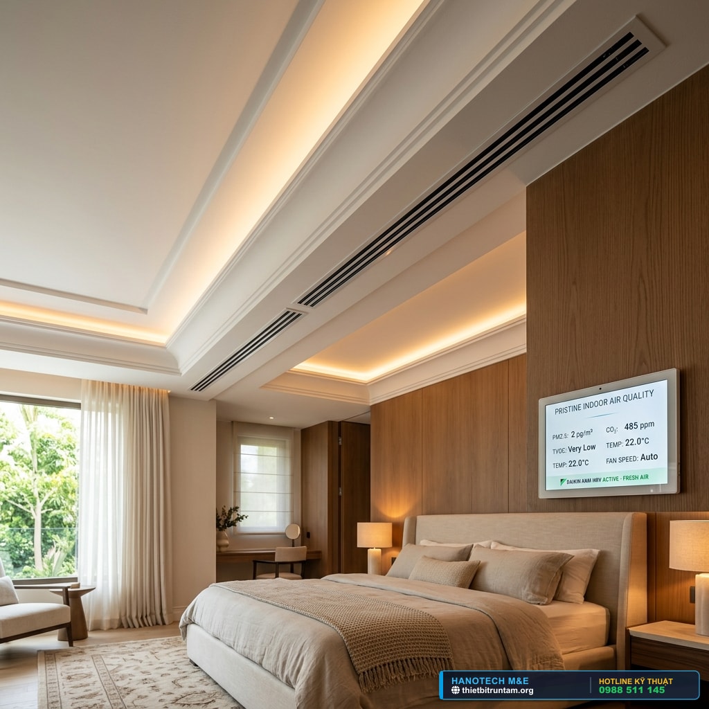 Nghiệm thu thực tế hệ thống miệng gió khe Slot cấp gió tươi Daikin VAM sang trọng trong phòng ngủ biệt thự
