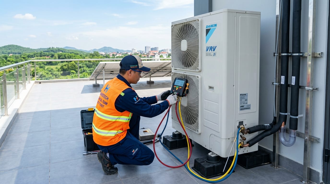 Cụm dàn nóng Daikin VRV đặt trên sàn mái tum biệt thự biệt lập TP Việt Trì Phú Thọ