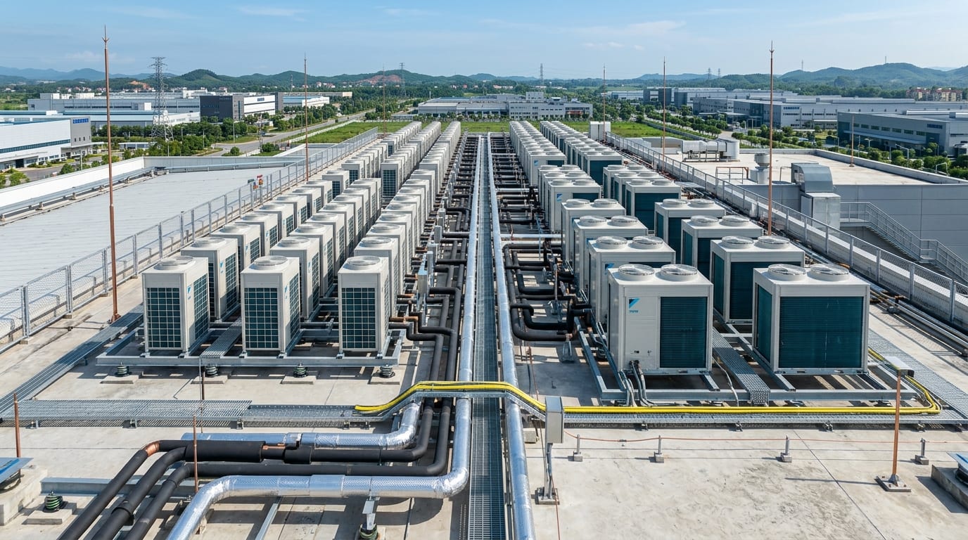 Cụm dàn nóng điều hòa Daikin VRV và Packaged đặt trên sàn mái nhà xưởng KCN Yên Bình
