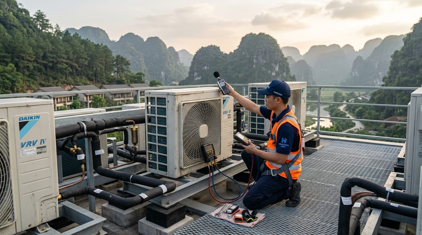 Cụm dàn nóng điều hòa Daikin VRV đặt trên sàn kỹ thuật mái resort Tam Điệp Ninh Bình