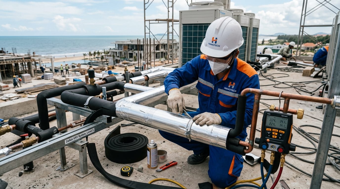 Kỹ sư Hanotech đo kiểm và bọc bảo ôn ống đồng Inox 304 tại công trình resort ven biển Sầm Sơn